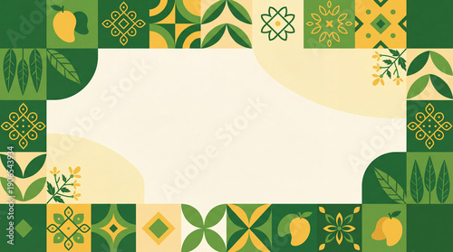 Geometric Indian festival background with mango and floral pattern tiles. Modern mosaic border design with copy space for Ugadi or Gudi Padwa greeting.
