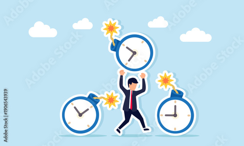 Businessman trying to take cover from multiple time bombs illustration of being chased by many business project deadlines
