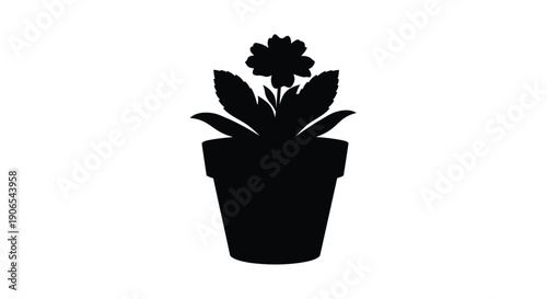 A simple black silhouette of a flowering plant in a pot