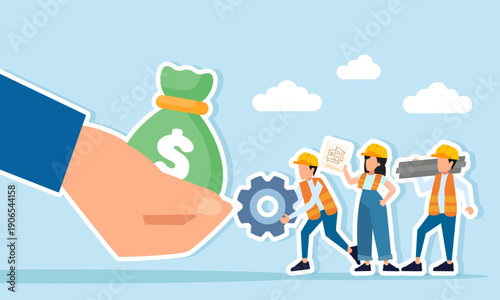 Engineers standing in front of a hand holding a money bag illustration of new investors supporting the completion of a building project