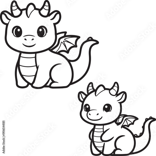 Cute baby dragon cartoon outline – Adorable friendly dragon character line art vector illustration