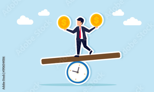 Businessman balancing two dollar coins on hands standing on wooden beam above clock illustration of effective time management for multiple businesses
