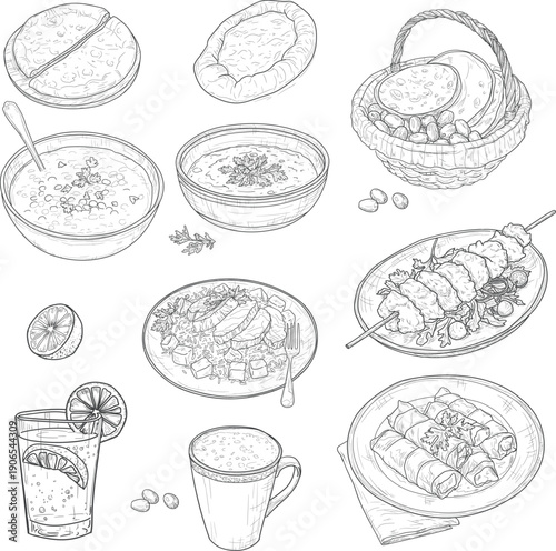 Lentil soup and pilaf with meat, flatbread on a plate, and shashlik. A set of traditional Arabic dishes, isolated on a white background. Dolma and a mug of yaran. Vector illustration. Not AI.