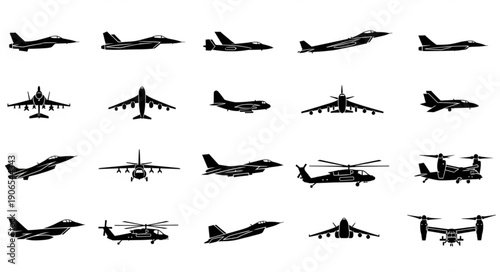 Collection of Silhouetted Aircraft and Helicopters in Flight.