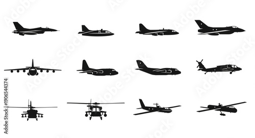 Collection of Silhouetted Aircraft and Helicopters.