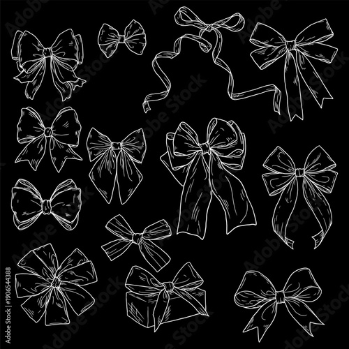 Ribbon bow, set of silhouettes, white sketch. Vector illustration. Flirty knot isolated on black background. Elegant, feminine design element for birthdays, New Year's, Valentine's Day and weddings