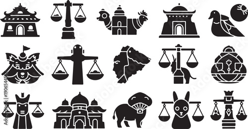 Justice and law icons in black and white vector