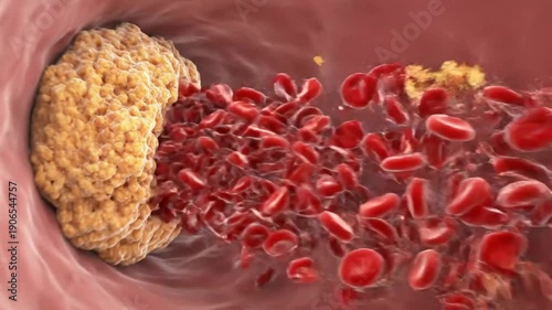 Visual depiction of cholesterol plaque in a blood vessel causing blockage and impeding blood flow in the human body.
