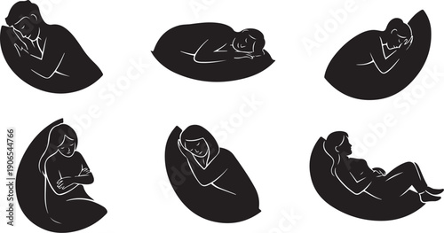 Silhouette of a pregnant woman in various positions sleeping