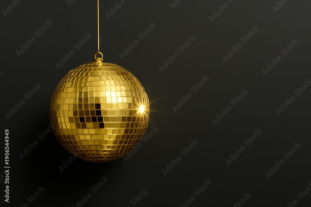Obraz premium Shiny golden disco ball hanging on string against dark background with glowing reflection, symbolizing festive celebration and luxury concept. Ai generative