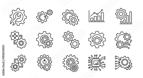 Minimalistic gears and chart icons illustrating technology, engineering, and business concepts