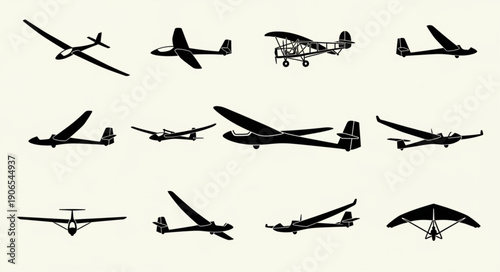 Collection of Silhouetted Aircraft and Gliders Flying.