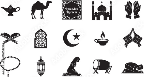 Islamic Ramadan Icons Set with Mosque, Crescent Moon and Lantern Silhouettes