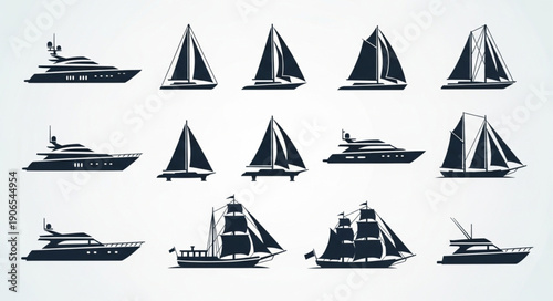 Collection of Silhouette Sailboats and Yachts on White Background.