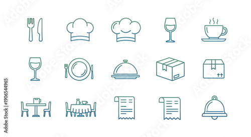 Minimalistic restaurant icon set featuring various culinary and service symbols for design