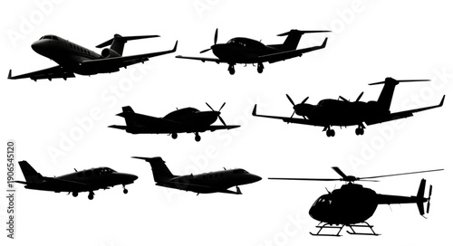 Collection of Silhouetted Aircraft and Helicopter Isolated on White.