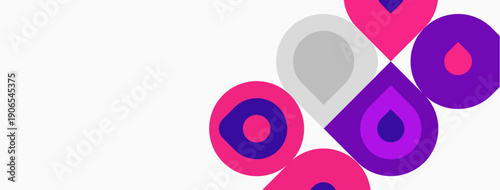Abstract geometric shapes, circles, squares, pink, purple hues dominate composition. Minimalist design, clean lines, modern aesthetic.