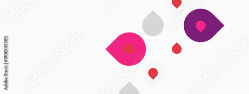 Abstract shapes, pinks, purples dominate white background. Minimalist design, playful composition, simple geometry present.