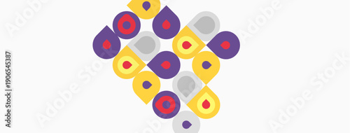 Colorful circles, squares, rectangles form abstract pattern. Shapes overlap creating dynamic visual texture. Simple geometry dominates composition.