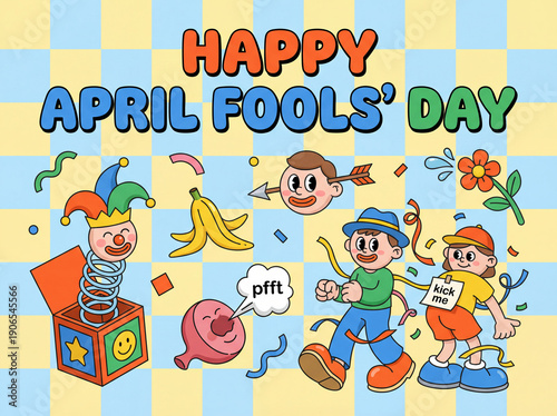 Retro cartoon April Fools Day background with funny pranks. Vector illustration featuring a jack-in-the-box, whoopee cushion, and kids playing jokes on a checkered pattern.