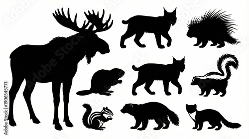 Collection of wild animal silhouettes in black,forest wildlife illustration set,nature fauna shapes including moose,lynx,bear,porcupine and mammals