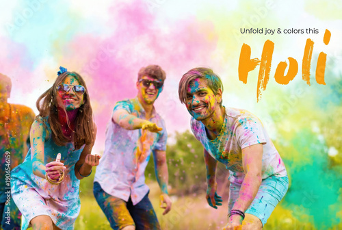 Holi Festival in India. Young people dancing coloured with paint powder