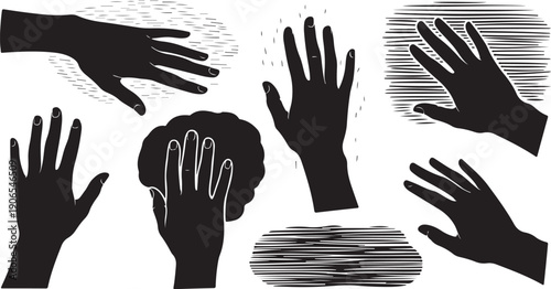 Black hands silhouettes with various gestures and motions depicted