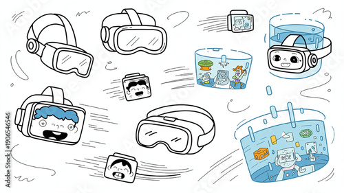 Collection of cartoon virtual reality headsets and characters fun digital illustration for technology and gaming concepts isolated on white background