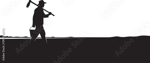 Silhouette of a man carrying an axe and bucket