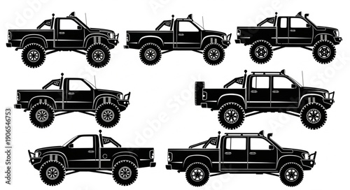 Collection of Silhouetted Off Road Pickup Trucks Vector Art.