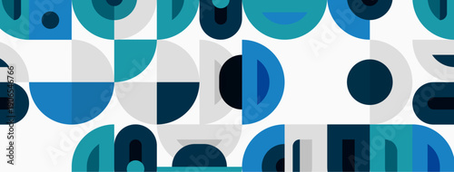 Abstract pattern features curved shapes, circles, semicircles. Blue, teal hues dominate white background. Modern, minimalist design.