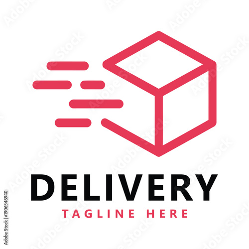 Red delivery box icon with motion lines and text on white background icon