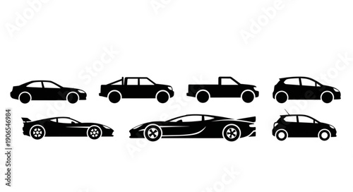 Collection of Silhouetted Cars and Trucks on White Background.