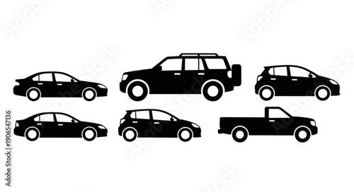 Collection of Silhouetted Cars and Vehicles on White Background.