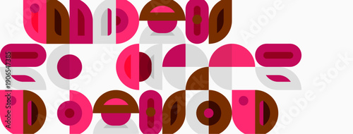 Abstract shapes, pinks, browns create playful composition. Geometric forms overlap, forming interesting visual texture.