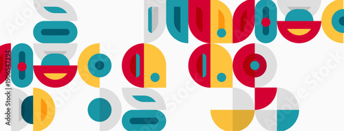Abstract geometric shapes, vibrant colors, playful design. Circles, arcs, rectangles create modern pattern. Minimalist aesthetic.