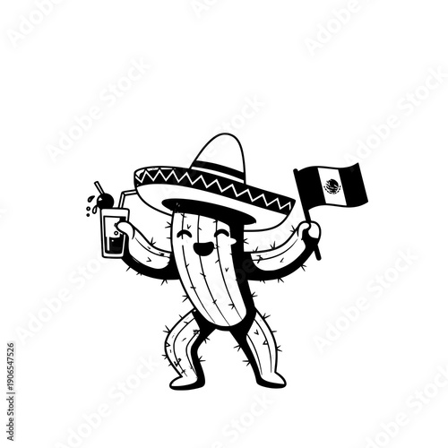 Dancing cartoon cactus in sombrero waving Mexican flag and drink festive fiesta plant mascot vector illustration