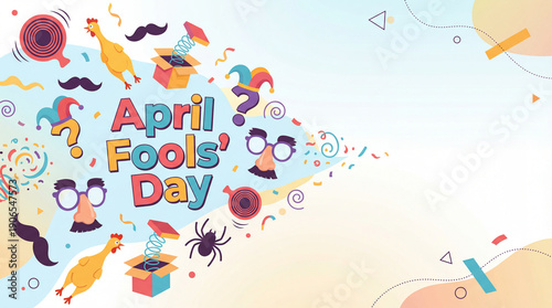 April Fools' Day banner with playful typography and funny prank elements like a jack-in-the-box and rubber chickens. Colorful vector illustration with copy space for celebration and humor.