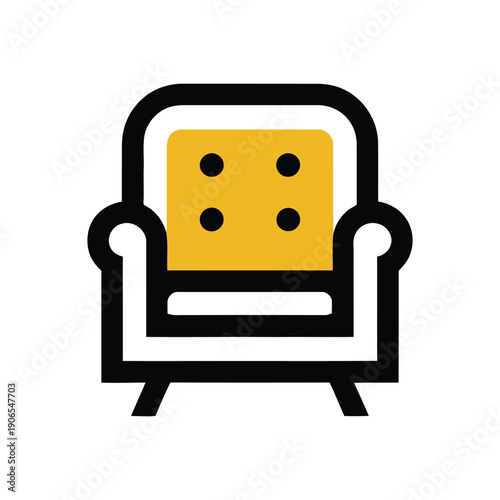 Simple illustration of a yellow and black armchair with cushions icon