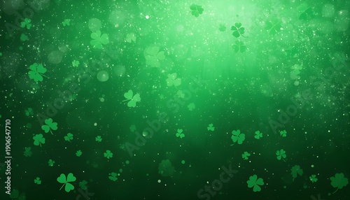 A vibrant green background with scattered four-leaf clovers and sparkling particles, perfect for St. Patrick's Day celebrations