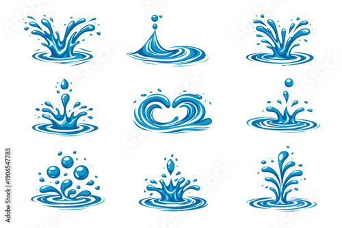 Set of blue water splashes, drops and ripple waves, including heart-shaped swirl and fountain bursts. Vector elements for liquid motion, rain effects, spa branding, stickers and backgrounds.