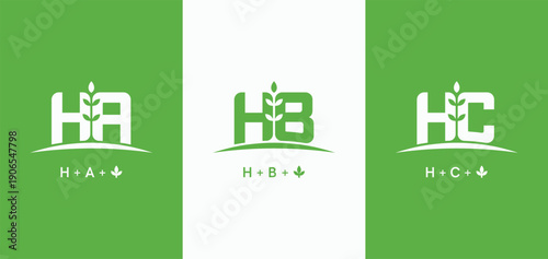 Set of initials letter HA, HB, and HC with grow plant logo design. HA leaf symbol. HB monogram agriculture farm logo. HC nature leaf logotype