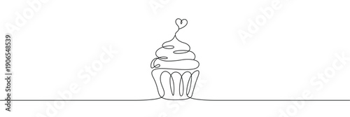 Continuous one line drawing of a sweet cupcake with a heart topper for bakery branding. Single line art. Editable stroke. Doodle hand drawn vector illustration