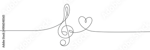 Continuous one line drawing of a treble clef and heart symbol representing love for music. Single line art. Editable stroke. Doodle hand drawn vector illustration