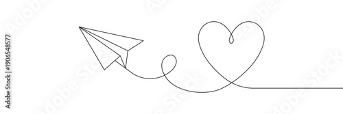 Continuous one line drawing of a paper plane flying and creating a heart shape trail. Single line art. Editable stroke. Doodle hand drawn vector illustration