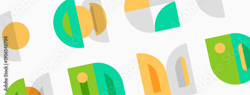 Abstract geometric pattern. Shapes overlap, creating playful visual texture. Colors include green, orange, gray. Simple design.