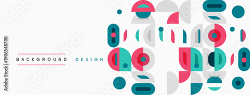 Abstract geometric shapes, circles, rectangles, pink, teal, gray. Modern design elements create vibrant background pattern.