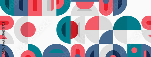 Abstract geometric pattern. Circles, semicircles, shapes repeat. Red, teal, gray colors dominate design. Minimalist aesthetic.