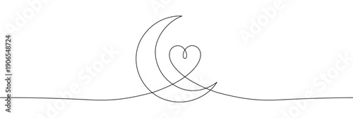 Continuous one line drawing of crescent moon with heart symbol for love and celestial night. Single line art. Editable stroke. Doodle hand drawn vector illustration
