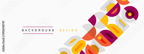 Abstract geometric shapes, vibrant colors, modern design elements. Background features overlapping circles, rectangles, lines. Minimalist aesthetic.